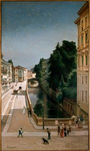 Vista do canal na rua Senato em Milão (óleo sobre madeira