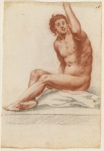 Figura masculina com o corpo virado para a esquerda, o braço esquerdo para cima, sentado sobre um pano de Filippo Esegrenio