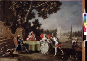 "O Jogo de Cartas" Um grupo de nobres italianos a jogar às cartas num jardim. Pintura de Filippo Falciatore (1718-1768) Museu Pushkin do século XVIII, Moscovo