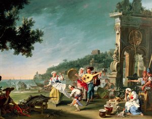 Tarantella em Margellina, ca. 1750, de Filippo Falciatore (activo 1737-1768), óleo sobre tela, 76,2 x102 cm. Itália