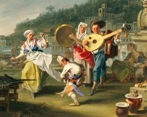 Tarantella em Mergellina, ca 1750, de Filippo Falciatore (activo 1737-1768), óleo sobre tela, 76,2x102 cm, Detalhe, Itália