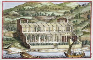 Estrutura de uma estufa, de "Hespérides", de Giovanni Battista Ferrari, gravada por Cammillo Congio (fl.1630), publicada em 1646