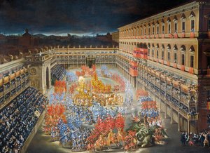 Celebrações no Palazzo Barberini em homenagem à chegada da rainha Cristina da Suécia a Roma em 1656, pintura de Filippo Lauri (1623-1694) e Filippo Gagliardi (1606-1659), Detalhe de Filippo and Gagliardi Filippo Lauri