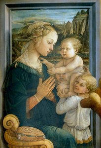 Virgin and Child e Two Angels Detrempe on wood de Filippo Lippi (1406-1469) 1465 aproximadamente Dim. 92x63 cm Florença, Galleria degli Uffizi (Escritórios)