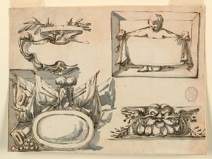 Desenho, Um escudo, um troféu, uma etiqueta, um motivo decorativo para um friso, 1750-75 de Filippo Marchionni
