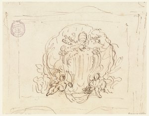 Desenho, Tábua com o brasão de armas do Papa Bento XIV com concha como fundo, 1740-58 de Filippo Marchionni