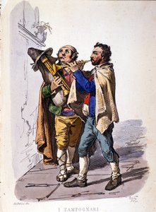Pipe players (zampogna). Gravura depois de uma pintura de F. Palizza. De uma obra de Francesco de Bourcard "Costumi del regno di Napoli".