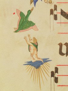 Missal 515 f.13v Um querubim encapotado tentando pegar um pássaro voador, de uma borda decorativa, detalhe de um livro de coro executado antes de 1449 detalhe de pergaminho de 56721