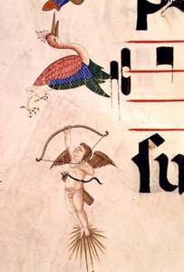 Missal 515 f.5r A Cherub disparando uma cegonha com um arco e flecha invisível, detalhe da margem decorativa de um Livro Coral executado antes de 1449 (vellum)