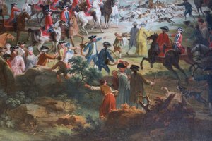 Caça ao veado (Caccia al cervo), de Vittorio Amedeo Cignaroli (1730-1800), óleo sobre tela, salão dos escudeiros, residência de caça, de Filippo Juvarra (1678-1736), Stupinigi, Piemonte, Itália