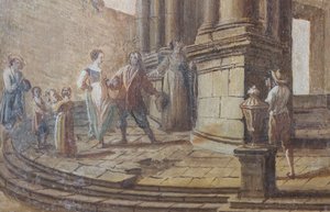 Cena do género, óleo sobre madeira, detalhe das persianas do salão, apartamento da rainha, residência de caça, de Filippo Juvarra (1678-1736), Stupinigi, Piemonte, Itália