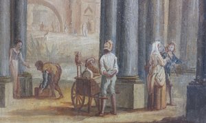 Cena do género, óleo sobre madeira, detalhe das persianas do salão, apartamento da rainha, residência de caça, de Filippo Juvarra (1678-1736), Stupinigi, Piemonte, Itália