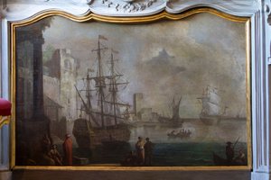 Pintura de paisagem marítima, ecrã de lareira, residência de caça, de Filippo Juvarra (1678-1736), Stupinigi, Piemonte, Itália