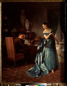 Uma dama da moda, preparação para um baile - pintura de Firs Sergeevich Zhuraviev (1836-1901), óleo sobre tela