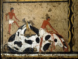 Antiquite egípcia: um touro é sacrificado diante de um sarcófago. Detrempe em barro e palha do túmulo do General e Chanceler do Rei Iti em El Ghebelen, perto de Luxor. 2200-2000 AC. Turim, museu egípcio