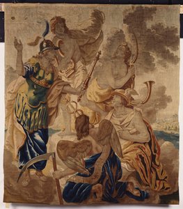 Uma tapeçaria de Bruxelas tecida em lãs e sedas, representando várias divindades, incluindo Minerva, Apollo, Diana, Mercury e Cornus em meio às nuvens de Flemish School