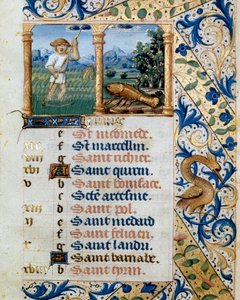 Calendário, Junho, um corte de relva camponesa e o sinal de cancro. Página tirada de um livro de horas ms. 47, iluminado pela escola flamenga. Século XVI Badia de 