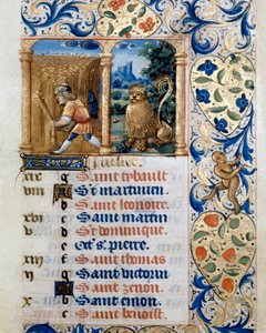 Calendário, o mês de Julho, um camponês num campo de trigo e o sinal do leão. Página tirada de um livro de horas ms. 47, iluminado pela escola flamenga. Século XVI Badia de 