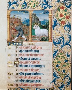 Calendário, o mês de Março, um camponês semeador e o campanário. Página tirada de um livro de horas ms. 47, iluminado pela escola flamenga. Século XVI Badia de 