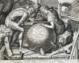 Personagens inclinados acima do globo terrestre com comppas (alegoria da geometria) - gravura, Flandres de Flemish School