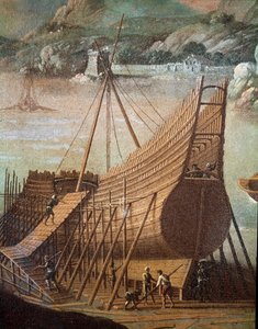 Construção de um galeão em um estaleiro naval em Gênova (Detalhe. Pintura de Flemish School