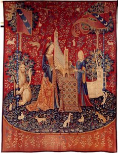 Cortina da Senhora do Unicórnio (Lady of the Unicorn): audição. Tapeçaria de lã e seda feita entre 1484 e 1500. Do Chateau de Boussac, Creuse. Dim. 3,7x4,7 m. Paris, Museu Nacional da Idade Média, Termas de Cluny. de Flemish School