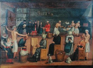 Decapitação e substituição de cabeças por couves: assar cabeças e maquilhar-se (óleo sobre tela) de Flemish School