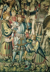 Detalhe de Urias, o hitita, armado de Montando os Cavaleiros, da tapeçaria de Davi e Bate-Seba, c.1510-15 (ver também 98092) de Flemish School