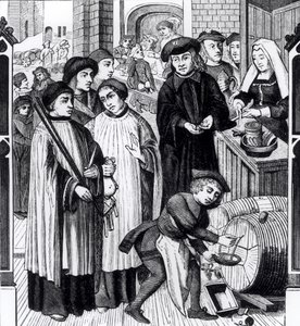 Dues on Wines, concedido ao Capítulo de Tournai pelo Rei Chilperico, depois de uma janela da Catedral de Tournai de Flemish School