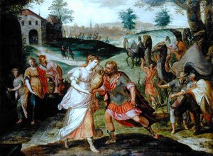 Eliezer e Rebecca no Poço, c.1580 (óleo sobre painel) de Flemish School