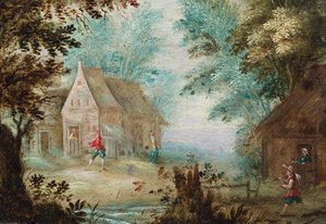 Figuras próximas de casas de campo numa clareira arborizada de Flemish School