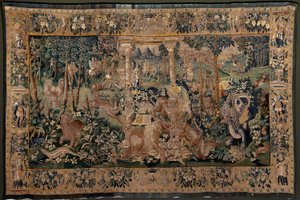 Tapeçaria flamenga. Paisagem com pérgula e grandes bestas, com 2 colunas. Atelier de Oudenaarde. 319x508cm. Inv 0023. Século XVII. de Flemish School