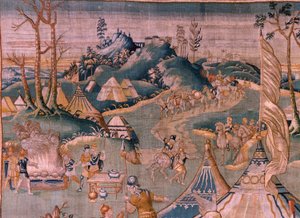 Tapeçaria flamenga. Campo militar perto do rio Granikos (Het legerkamp bij de rivier Granikos). Atelier de Oudenaarde. 377x393cm. Inv 83104-9 /00011. Século XVII. de Flemish School