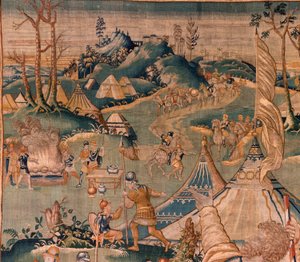 Tapeçaria flamenga. Campo militar perto do rio Granikos (Het legerkamp bij de rivier Granikos). Atelier de Oudenaarde. 377x393cm. Inv 83104-9 /00011. Século XVII. de Flemish School