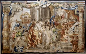 tapeçaria flamenga. Série Apoteose da Eucaristia. Sacrifício da Lei Mosaica (Sacrificio de la Ley Mosaica). Desenho modelo copiado de um original de Rubens. Fabricação de Bruxelas. Fabricação por Frans van den Hecke. Meados do século XVII. Tecido Seda e lã de Flemish School