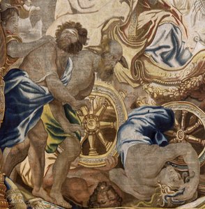 Tapeçaria flamenga. Série Apoteose da Eucaristia. Triunfo da Igreja (Triunfo de la Iglesia). Modelo de desenho animado copiado de um original de Rubens. Fabrico em Bruxelas. Fabrico por Frans van den Hecke. Meados do século XVII. Tecido Seda e lã, 7/8 urdi de Flemish School