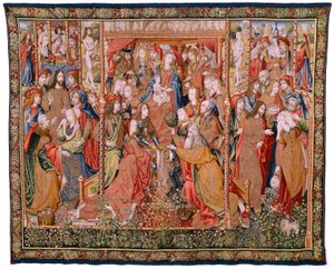 Tapeçaria flamenga. Episódios da série "A Vida da Virgem". As profecias cumprem-se no nascimento de Cristo (Cumplimiento de las profecías en el nacimiento del Hijo de Dios). A primeira tapeçaria da série. Modelos Atribuídos a Jan von Roome (ou van B de Flemish School