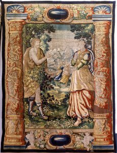 Tapeçaria flamenga. Série Gallantry (Galante). Cena galante (Escena galante). Fabrico em Bruxelas, início do século XVII. Tecido de seda e lã, 5/6 urdiduras por cm. Tamanho 348 x 263 cm. Localização Igreja de San Millán de la Cogolla, Oncala (Soria). Orige de Flemish School