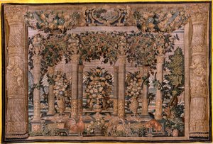 Tapeçaria flamenga. Galerias de séries com animais ou Galerias de espaldeiras (Galerías con animales o Galerías de emparrados 10). Segunda da série. Seda e lã. Século XVII. de Flemish School