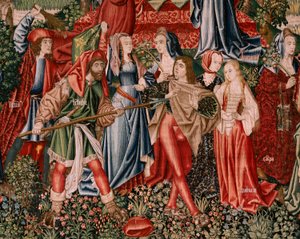 Tapeçaria flamenga. Série Redenção Humana ou Vícios e Virtudes. Os vícios levam o Homem ao pecado (Los Vicios conduen al Hombre al pecado). Segunda tapeçaria da série (primeira das mantidas em Palência. Fabrico de Bruxelas, oficina. Ca 1510. Tamanho 425 x  de Flemish School