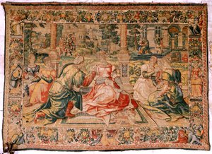 Tapeçaria flamenga. Série Mark Anthony e Cleopatra. Cleopatra e a sua corte (Cleopatra en su corte). Modelo de desenho animado atribuído a Pieter Coecke van Aelst. Fabrico Bruxelas(?). Segunda metade do século XVI. Seda de tecido e lã. Tamanho 310 x 435 cm de Flemish School