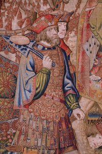 tapeçaria flamenga. Série Moralidades: A virtude das honras (De deugd van de Honores, A virtude das honras). Ca 1520. Detalhe de Flemish School