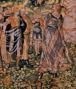 Tapeçaria flamenga. Série História de Cyrus. No II Astyages reconhece Cyrus (Ciro reconocido por Astiages). Anónimo, baseado em Michiel Coxcie. Atelier Antuérpia. Seda e lã. Ca 1590. de Flemish School