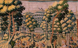 Tapeçaria flamenga. Série História de Cyrus. No II Astyages reconhece Cyrus (Ciro reconocido por Astiages). Anónimo, baseado em Michiel Coxcie. Atelier Antuérpia. Seda e lã. Ca 1590. de Flemish School