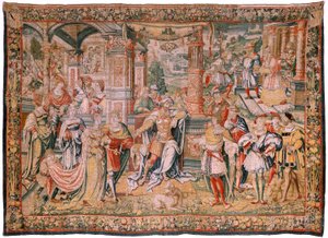tapeçaria flamenga. Série História de Davi. Davi antes de Saul (David ante Saúl). Modelo de Bernard van Orley. Fabricação Bruxelas. Ca1525. Tecido Seda e lã. Tamanho 560 x 410 cm. Localização Catedral de Burgos. Origem Um legado à catedral em 1535 por Cart de Flemish School