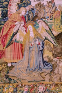 Tapeçaria flamenga. Série O Apocalipse: São Miguel derrotando o dragão. Atelier Willem Dermoyen, Bruxelas. Ca 1553-1555. Detalhe. de Flemish School