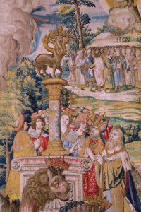 tapeçaria flamenga. Série O Apocalipse: São Miguel derrotando o dragão. Atelier Willem Dermoyen, Bruxelas. Ca 1553-1555. Detalhe. de Flemish School