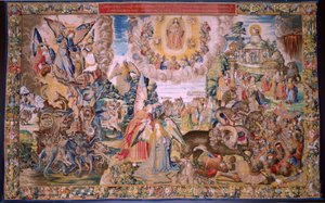 tapeçaria flamenga. Série O Apocalipse: São Miguel derrotando o dragão. Atelier Willem Dermoyen, Bruxelas. Ca 1553-1555. de Flemish School