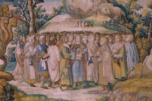 tapeçaria flamenga. Série O Apocalipse: São Miguel derrotando o dragão. Atelier Willem Dermoyen, Bruxelas. Ca 1553-1555. Detalhe. de Flemish School