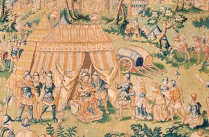 Tapeçaria flamenga. Série O Livro de Judite. Judith perante Holofernes (Judith ante Holofernes). A quinta tapeçaria da série. Fabrico Holanda, Bruxelas(?). Segunda metade do século XVI. Lã de tecido. Localização Igreja de São Nicolau de Bari (mus de Flemish School